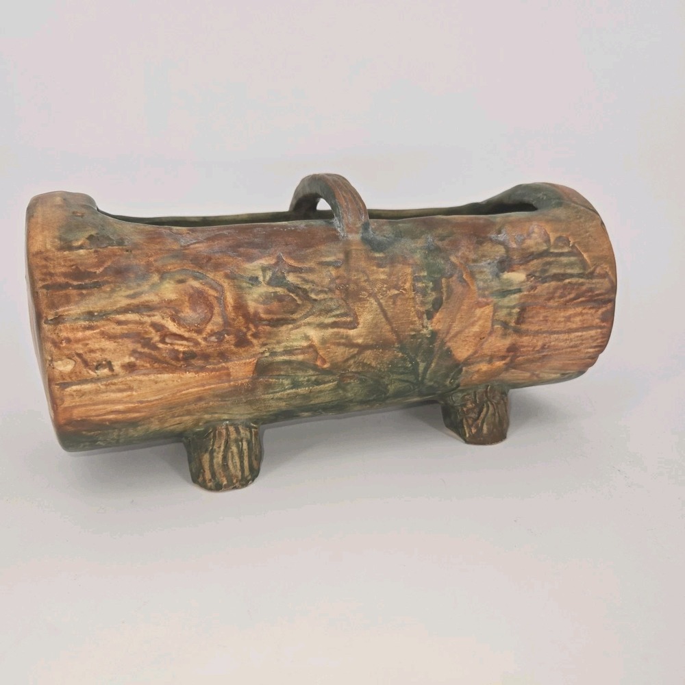Antique Weller Pottery Woodcraft Oak Leaf Faux Bois Log Planter 1920s 10"